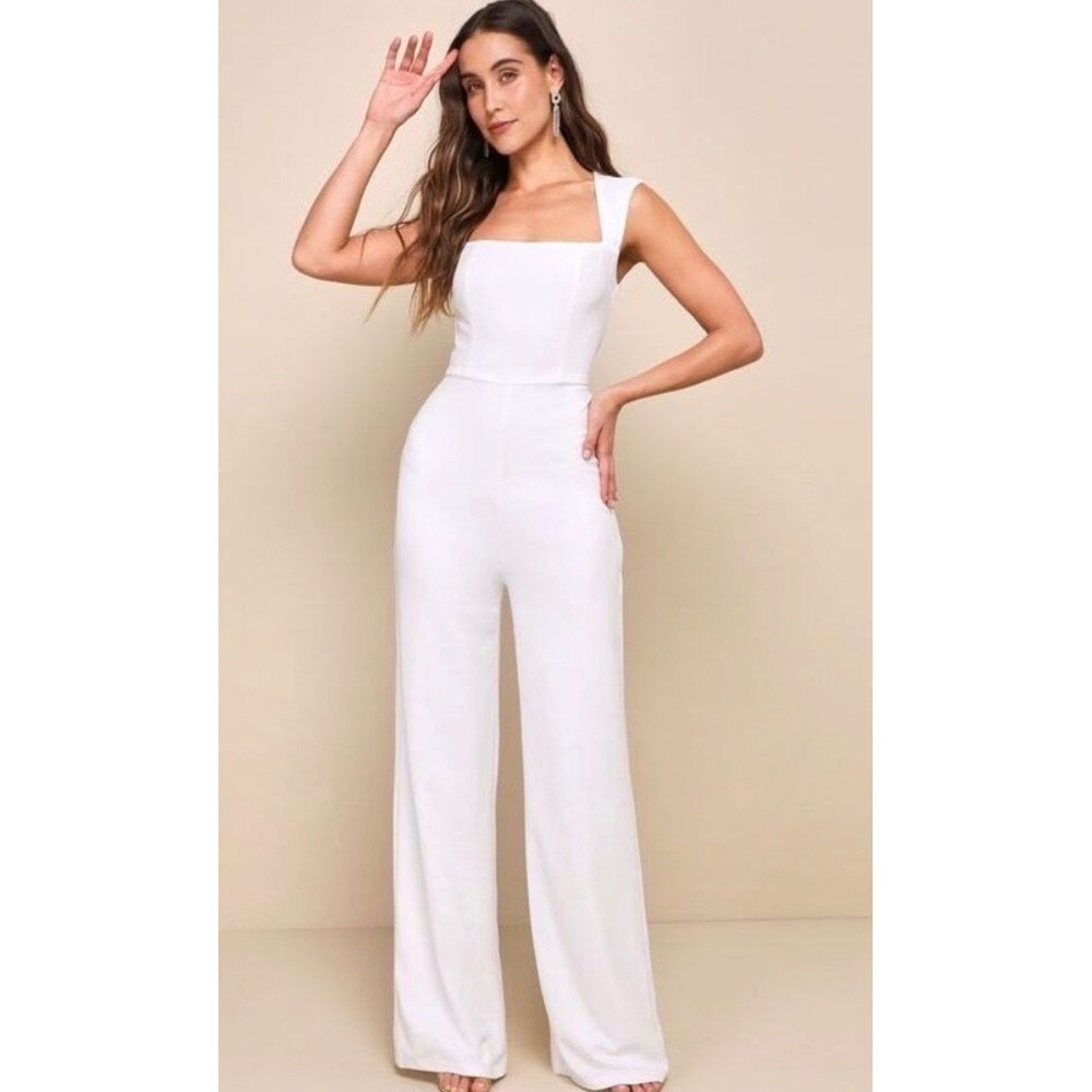 Lulus Enticing Endeavors White Square Neck Wide Leg Jumpsuit - L